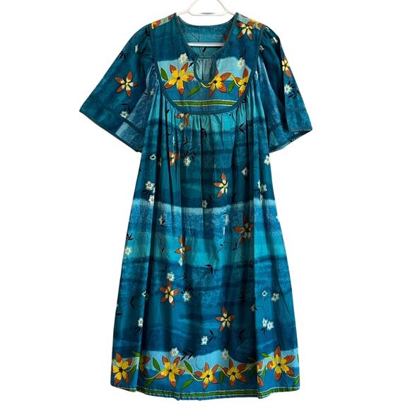 Vintage Dresses & Skirts - Vintage Boho Floral Caftan Dress Multicolor Cotton Short Sleeve XL w/Pockets